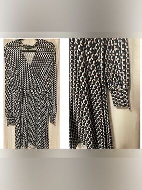 Adrianna Papell long-sleeve faux wrap dress; multicolored geometric— Size Large